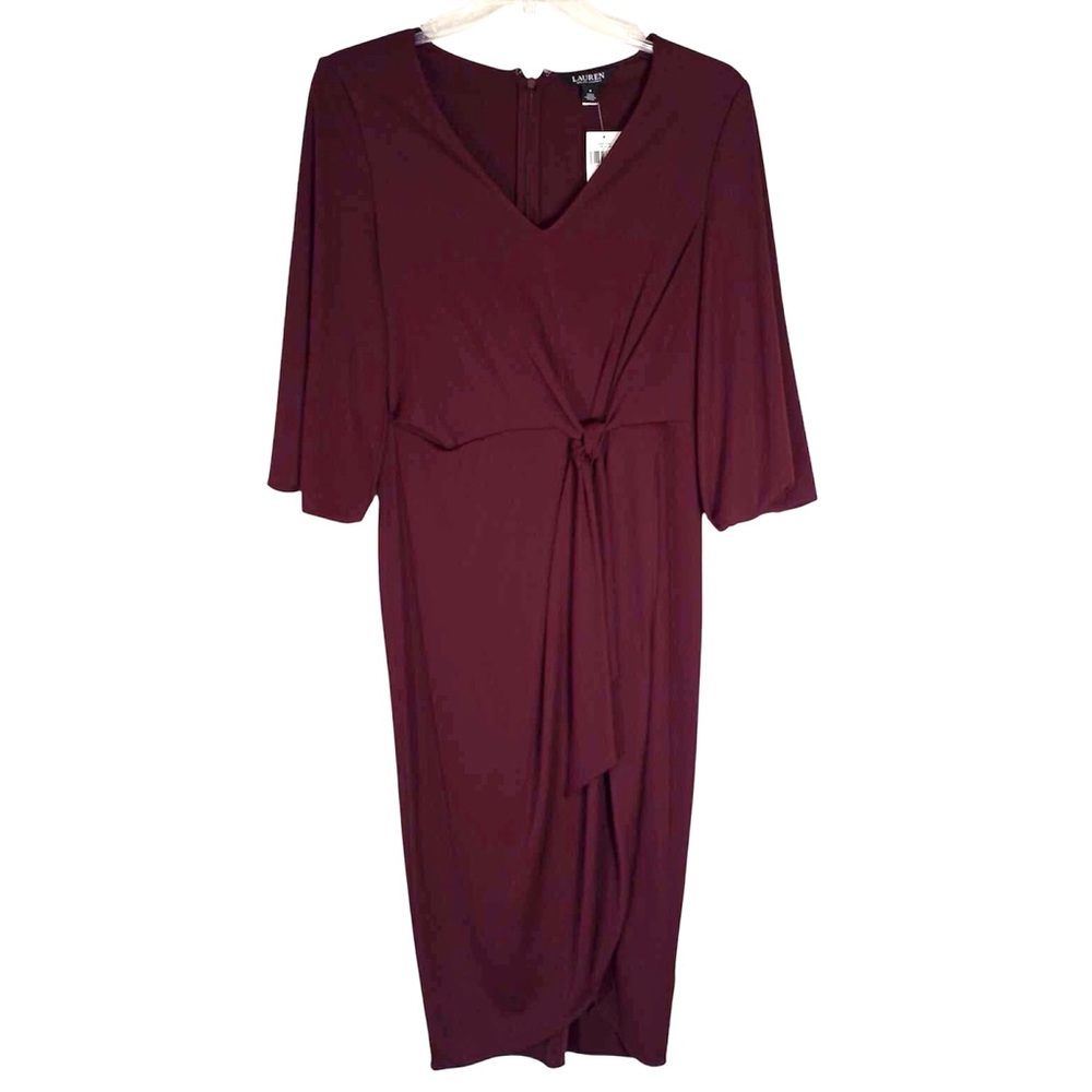 Lauren Ralph Lauren Tie Front Midi Dress Red Stretch Jersey Size 6 - Picture 2 of 9